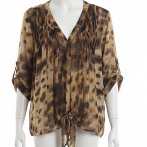 Focus 2000 Leopard Cat Print Brown Tan Sheer Button Tie Pleats Blouse 16